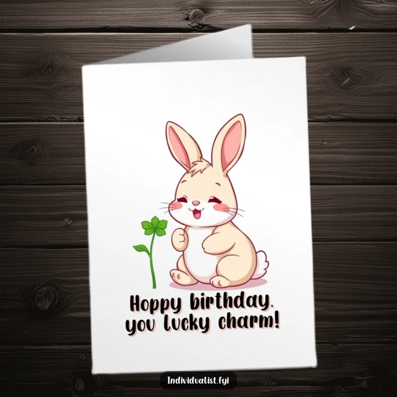 Funny Free Printable Birthday Card: Cheerful rabbit joyfully finds a unique clover, wishing you a hoppy birthday.