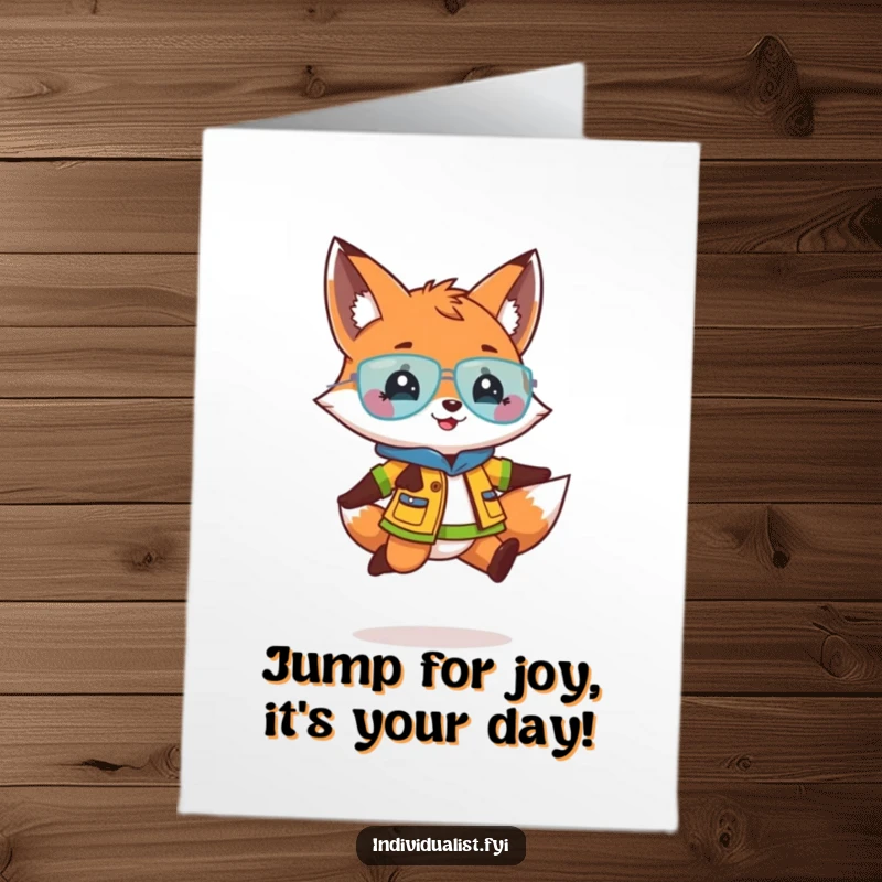 Funny Free Printable Birthday Card: A playful fox in a bright outfit doing a happy little jump, spreading birthday cheer.