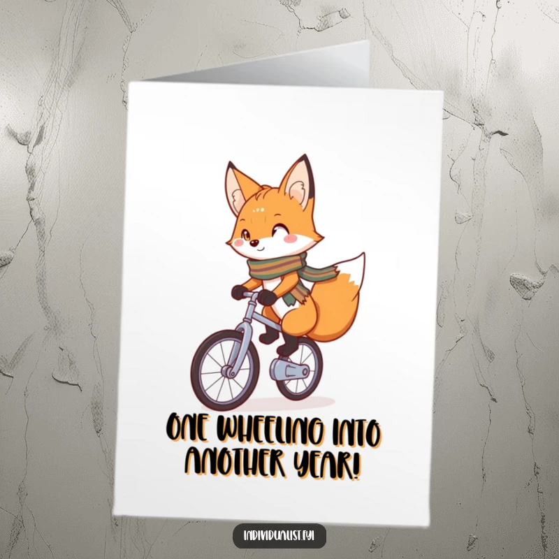 Funny Free Printable Birthday Card: A charming fox with a bright scarf confidently riding a unicycle, looking skilled.