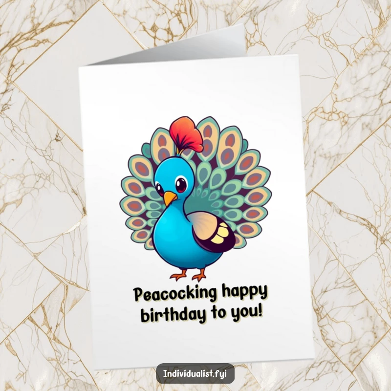 Funny Free Printable Birthday Card: A majestic peacock strutting proudly, fanning out one vibrant, colorful feather.