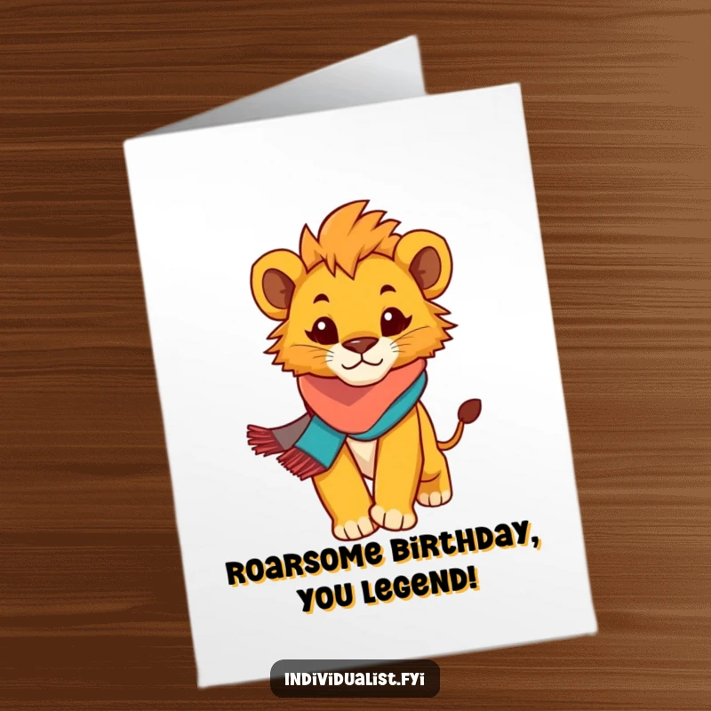 Funny Free Printable Birthday Card: Determined lion cub in a colorful scarf strides boldly, ready to party.