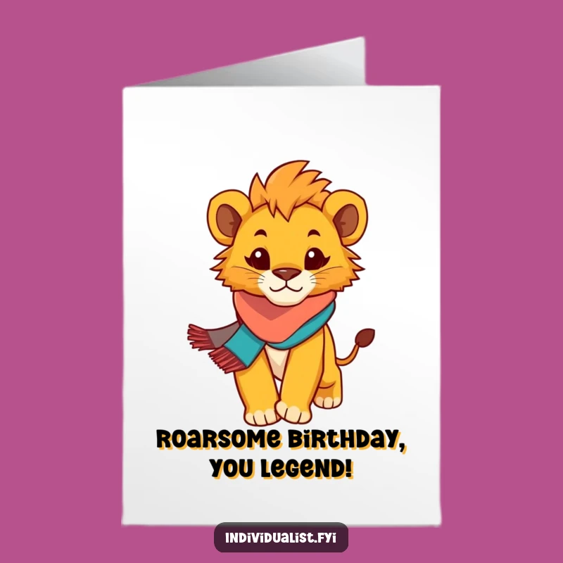 Free Printable Birthday Card: Funny Lion Cub Scarf, Bold Striding Design, Downloadable Gift