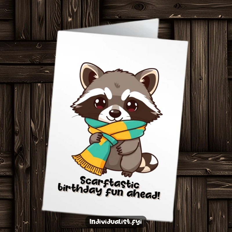 Funny Free Printable Birthday Card: A playful raccoon stylishly wearing a brightly colored scarf tied in a comically unusual knot.