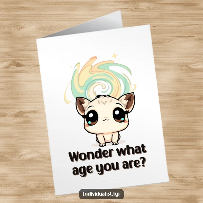 Funny Free Printable Birthday Card: A curious creature with big eyes gazes in wonder at a swirling, abstract, colorful pattern.