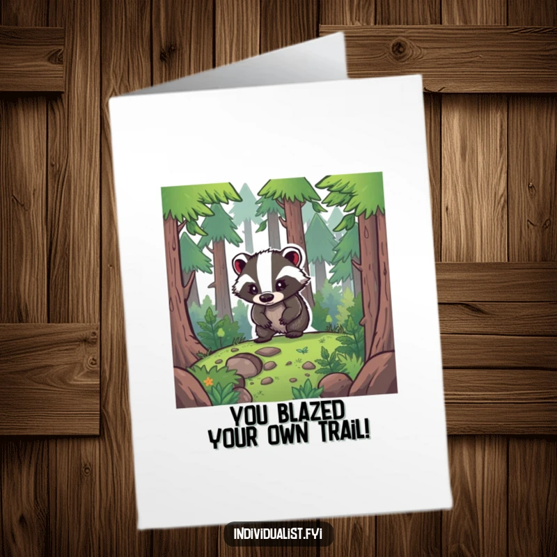 Funny Free Printable Congratulations Card: A determined badger forging a new path through challenging forest terrain.