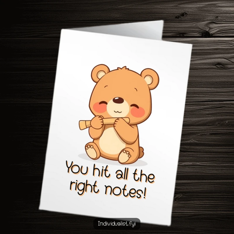 Funny Free Printable Congratulations Card: Bear cub playing flute, celebrating success with a sweet tune, delightful gift.