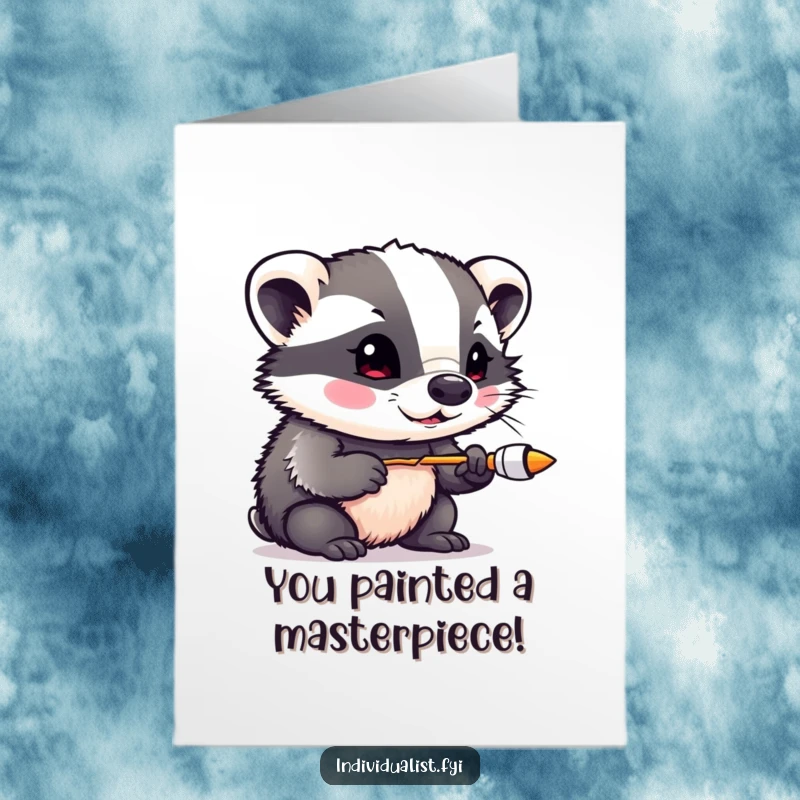 Funny free printable congratulations card showing a curious badger playfully mixing vibrant, unconventional colors, celebrating innovation.