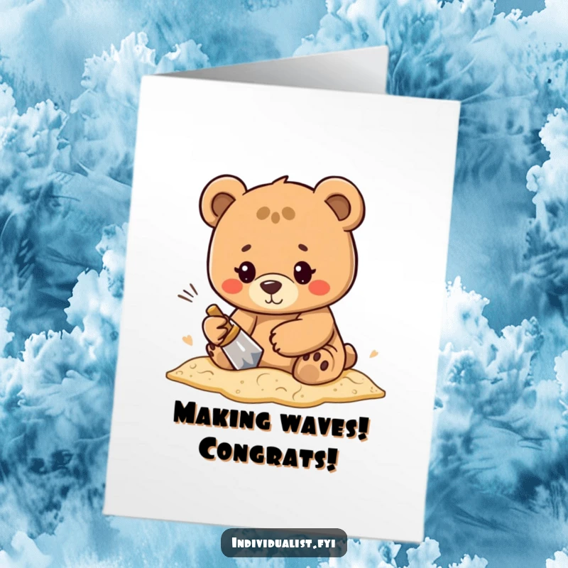 Funny Free Printable Congratulations Card: Focused bear proudly admiring a complex, unique pattern etched into the sand, symbolizing success.