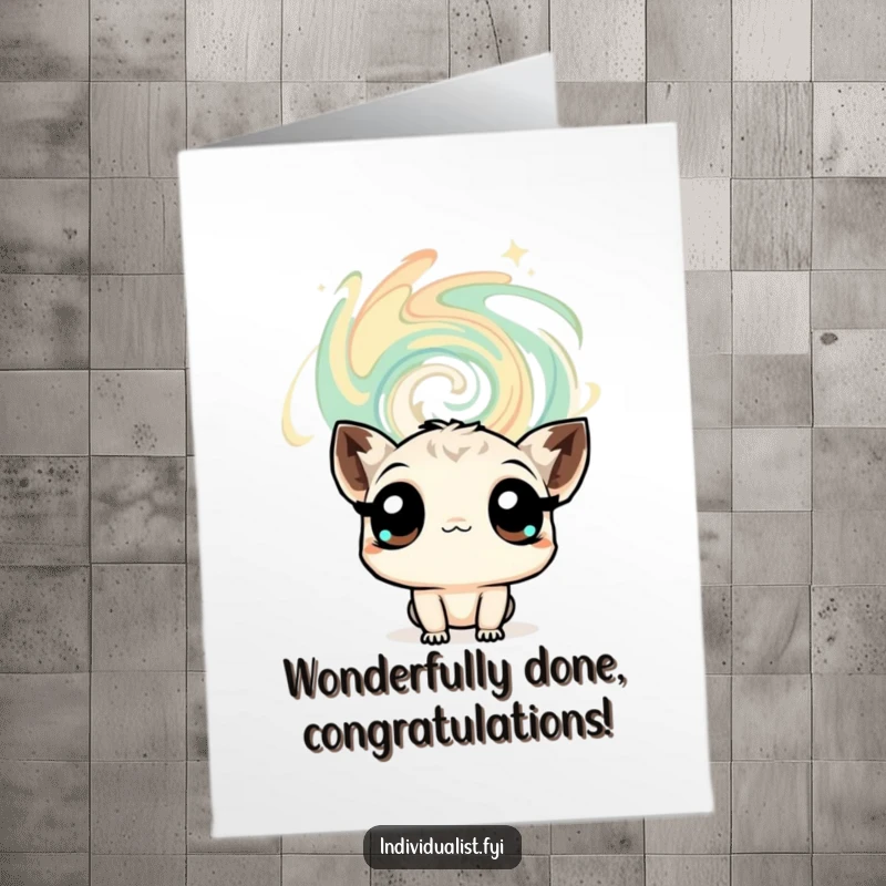 Funny Free Printable Congratulations Card: A curious creature with expressive eyes stares in wonder at a mesmerizing, swirling abstract design.