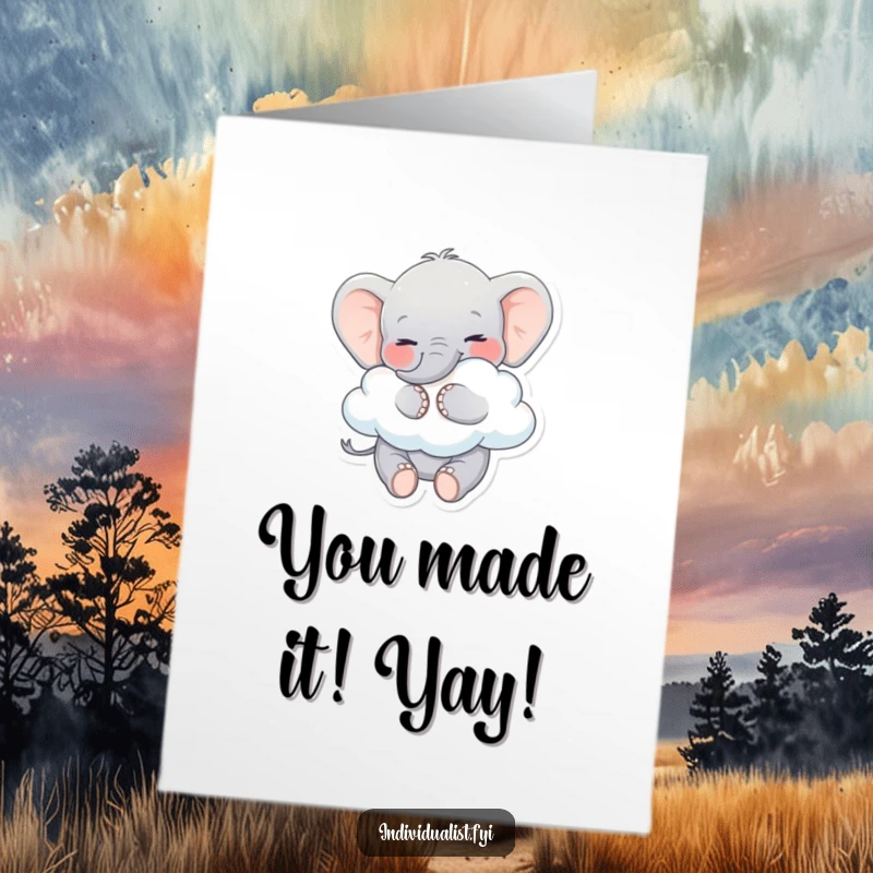 Funny Free Printable Congrats Card: A smiling elephant playfully hugs a peculiar cloud, symbolizing joyful achievements.