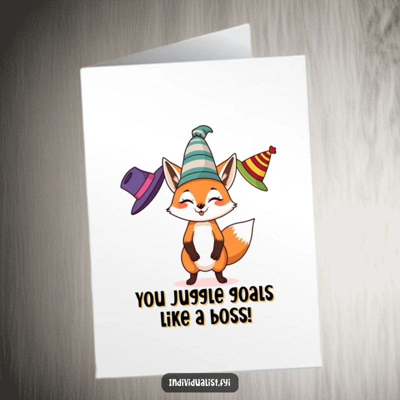 Funny Free Printable Congrats Card: A dynamic fox juggling three quirky hats, celebrating your triumphant success with an exciting display.