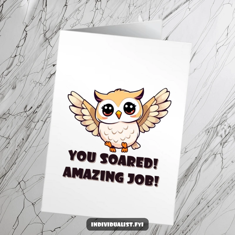 Funny Free Printable Congratulations Card of a happy owl with a distinctive wing pattern soaring triumphantly, celebrating success.