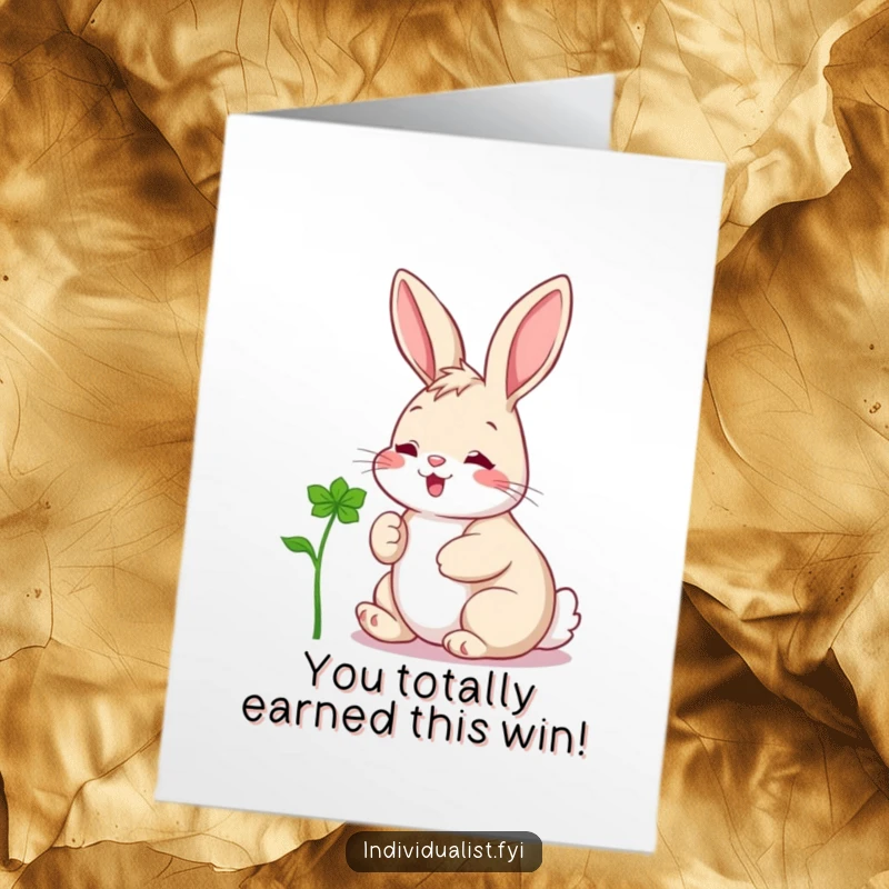 Funny Free Printable Congratulations Card: Excited rabbit discovers a one-of-a-kind clover, celebrating great news.