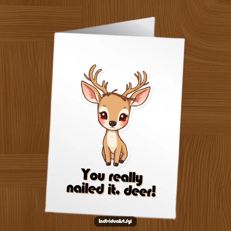 Funny Free Printable Congratulations Card: A curious deer proudly wears an eccentric crown of forest twigs.