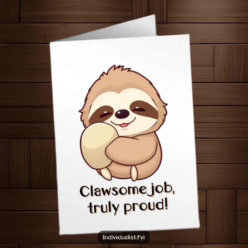 Funny Free Printable Congratulations Card: A contented sloth wearing one oversized glove, giving a slow, serene smile of congratulations.
