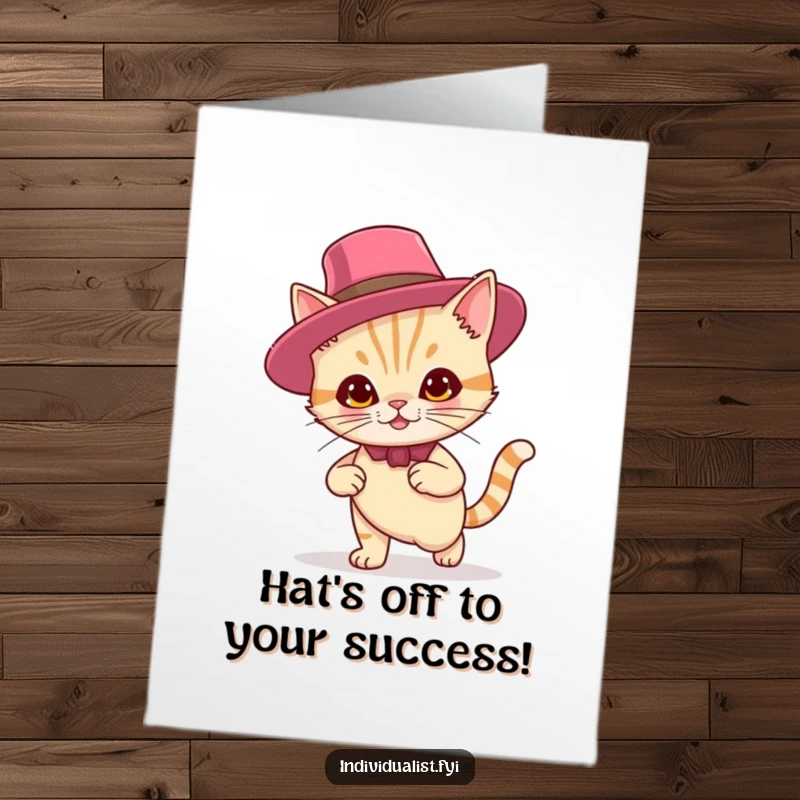 Funny Free Printable Congrats Card: Smirking cat in a fancy hat confidently strides forward, celebrating a win, great for download.