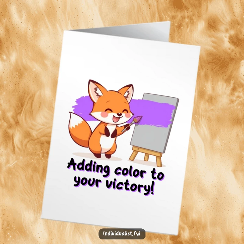 Funny Free Printable Congrats Card: Joyful fox painting a purple stripe on a grey canvas, celebrating a colorful achievement.