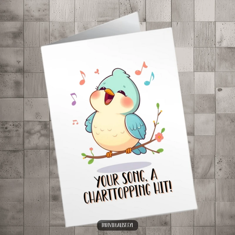 Funny Free Printable Congratulations Card: A happy bird joyfully singing a unique song, celebrating an accomplishment.