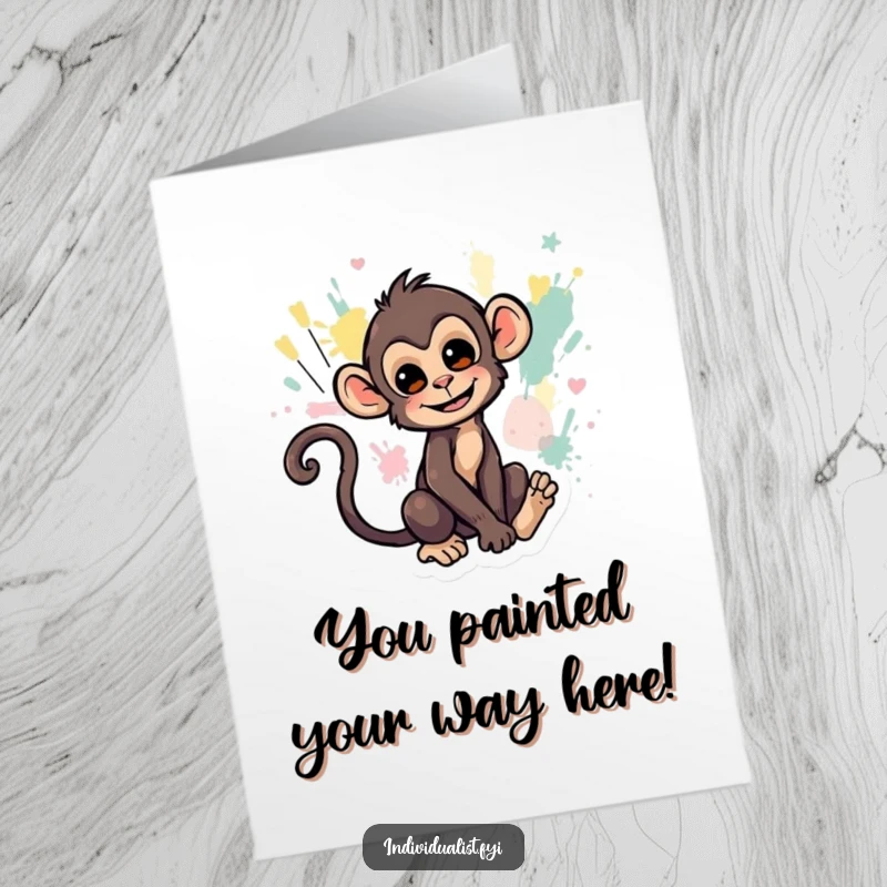 Funny Free Printable Congratulations Card: Monkey creating abstract art with tail, celebrating unique talents, cool gift.