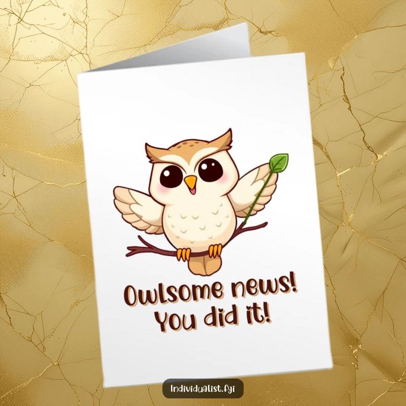 Funny Free Printable Congratulations Card: Excited owl flying triumphantly with a leaf, celebrating your success.