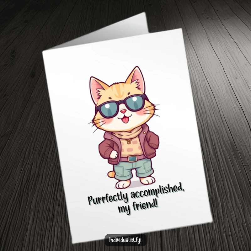 Funny Free Printable Congrats Card: A cool cat in eccentric attire striking a proud pose for your congratulations.
