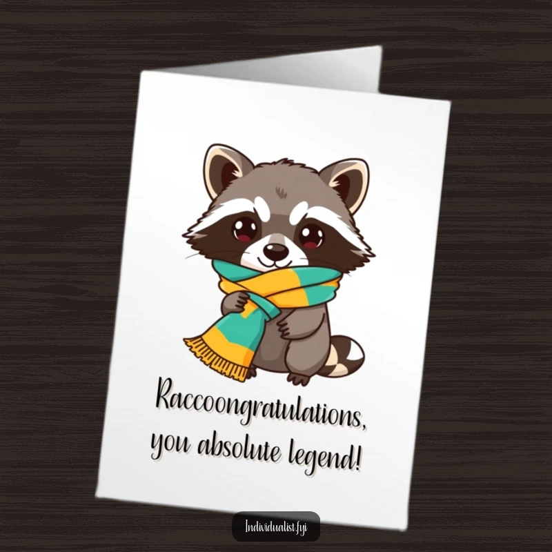 Funny Free Printable Congratulations Card: Playful raccoon sporting a vibrant scarf knotted in a quirky, eye-catching way, celebrating success.