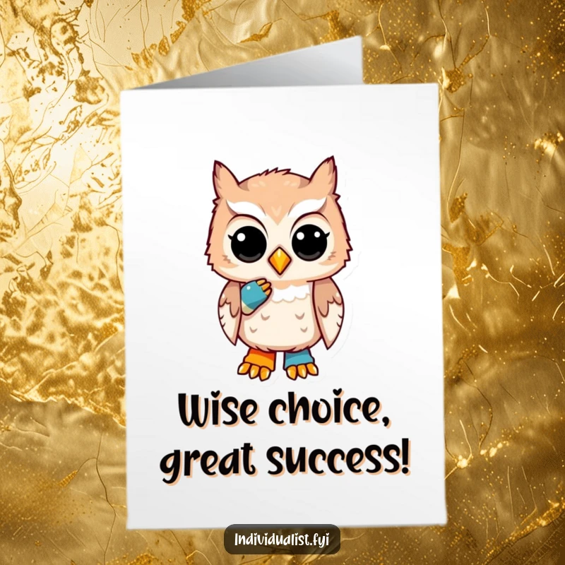 Funny Free Printable Congratulations Card: A unique owl with a single mismatched sock, wearing a contemplative expression, celebrating success.