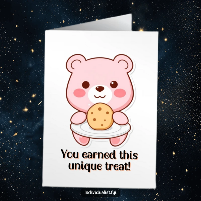 Funny Free Printable Congrats Card: Cheerful Kawaii bear presenting a single, uniquely shaped cookie on a plate.