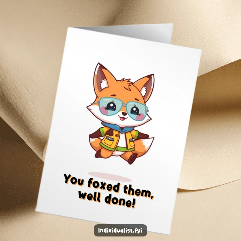 Funny Free Printable Congratulations Card: A playful fox dressed in a bright outfit, caught mid-jump with pure delight.