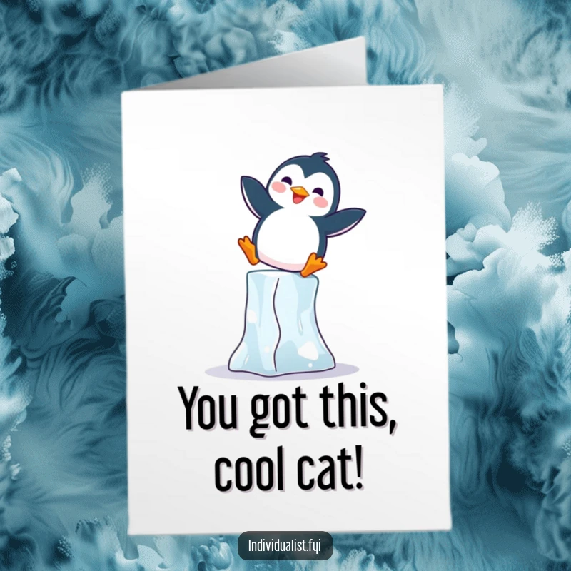 Funny Free Printable Congrats Card: A happy penguin maintains a funny, enthusiastic balance atop a slender ice block, celebrating success.