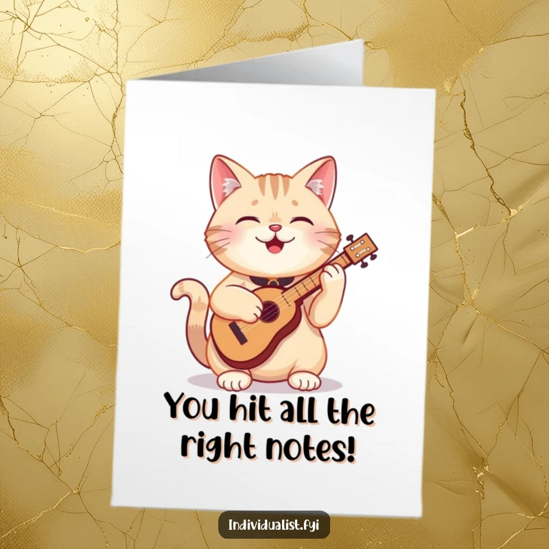 Funny Free Printable Congratulations Card showing a happy cat energetically playing an odd, miniature musical instrument.