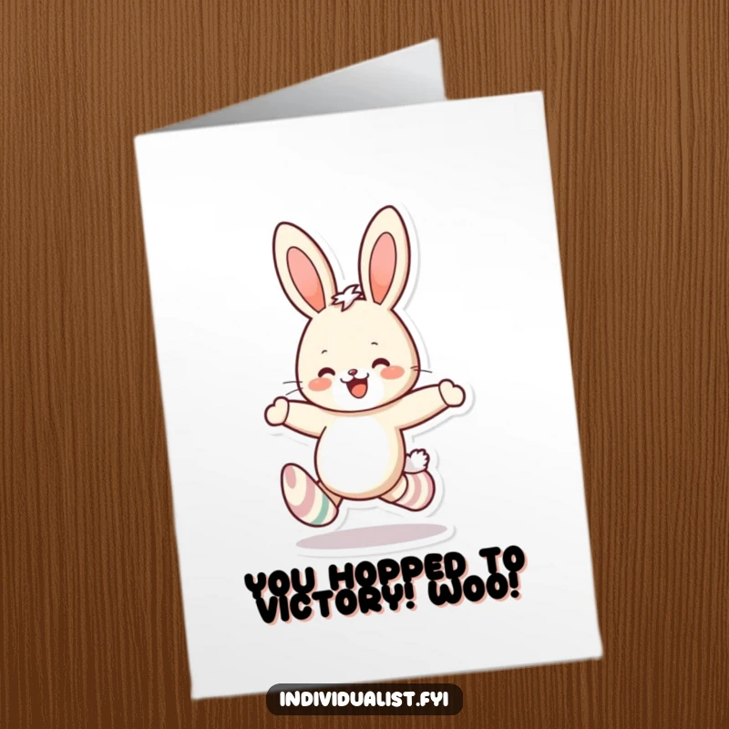 Funny Free Printable Congratulations Card featuring a cheerful rabbit in mismatched socks skipping joyfully, celebrating a fantastic achievement.
