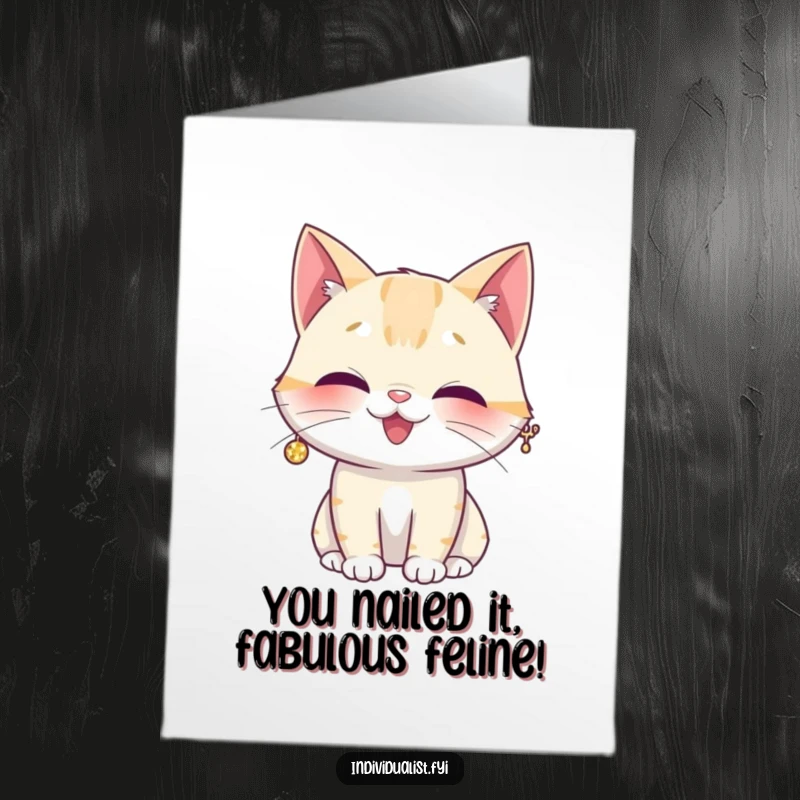 Funny Free Printable Congratulations Card: A giggling cat sporting a large, dazzling earring, cheering with delight.