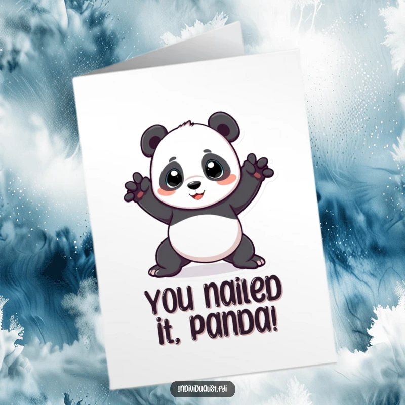 Funny Free Printable Panda Congrats Card: A panda in a bizarre, contorted pose, celebrating your awesome success.