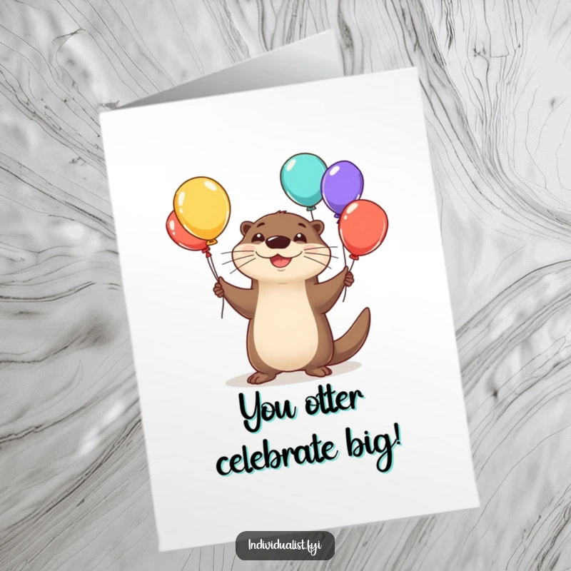 Free Printable Congratulations Card: Happy otter comically juggling odd balloons, celebrating success with exuberant joy.