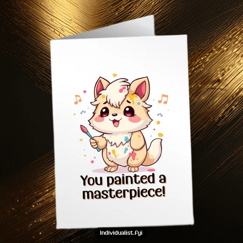 Funny Free Printable Congratulations Card: A creative creature with paint splashes on its fur hums a cheerful tune, celebrating a successful creation.