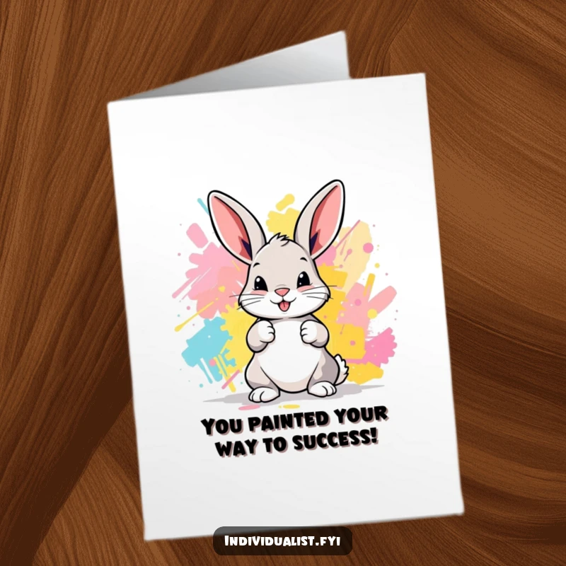 Funny Free Printable Congrats Card: A whimsical bunny creating a dynamic abstract painting with its paint-covered paws.