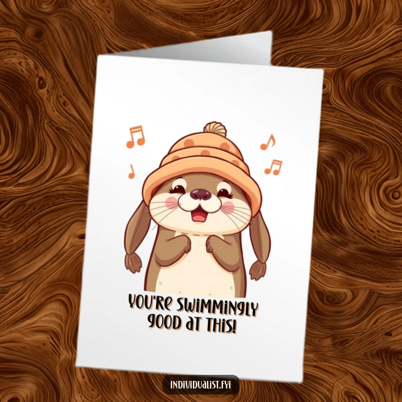 Funny Free Printable Congrats Card: A content otter in a charming handmade hat, humming a happy tune to celebrate.