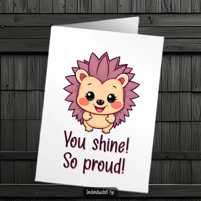 Funny Free Printable Congratulations Card: Joyful, brightly colored hedgehog beaming with pride, spikes shimmering with success.