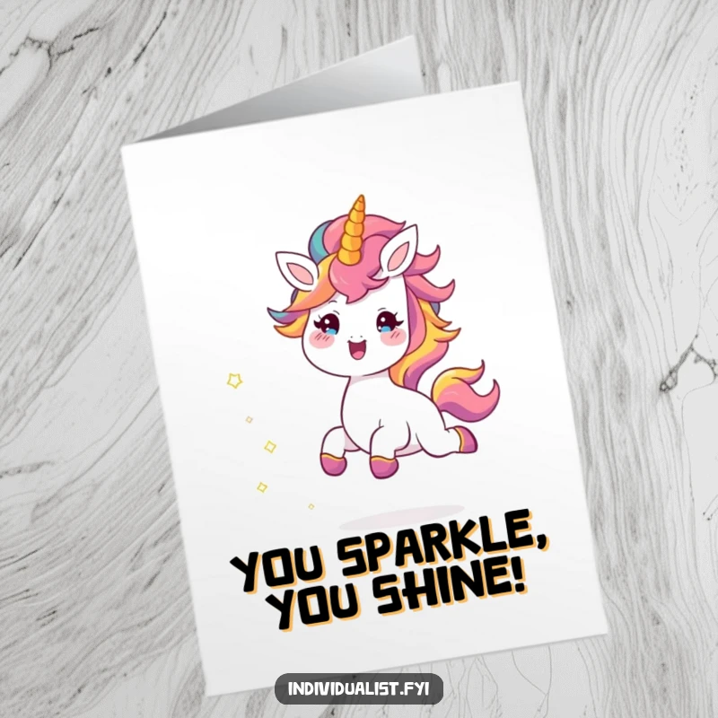 Funny Free Printable Congratulations Card: Cheerful creature with a rainbow mane skipping joyfully, trailing glitter and good vibes for your success.