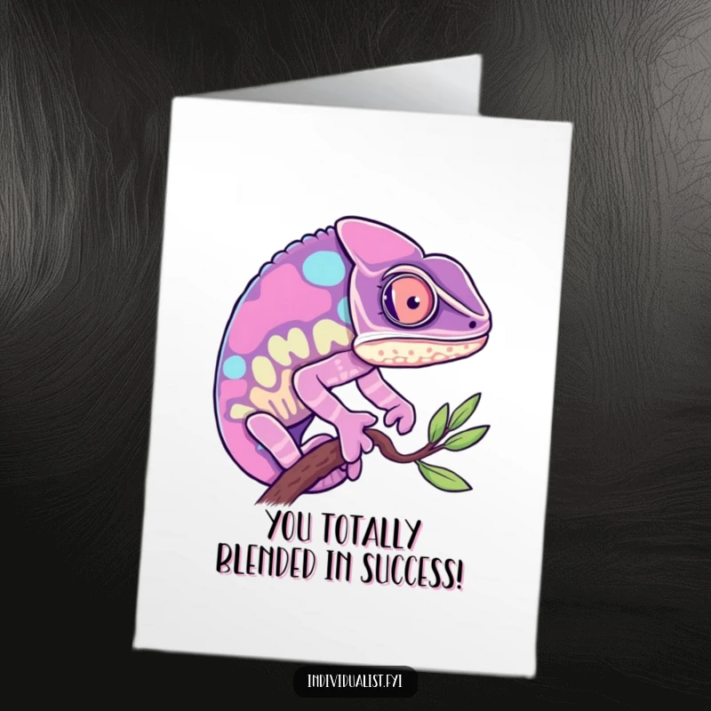 Funny Free Printable Congrats Card: A chameleon curiously adopts a vibrant, solid hue, celebrating a milestone with flair.