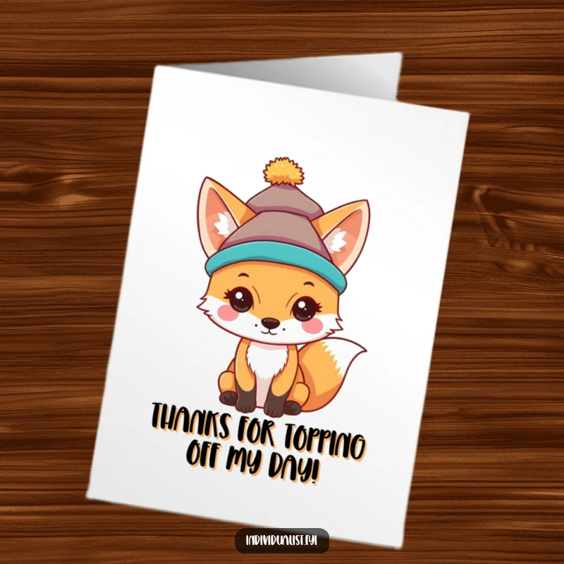 Funny Free Printable Thank You Card: A curious fox wearing a spectacularly unique and brightly colored hat, expressing gratitude.