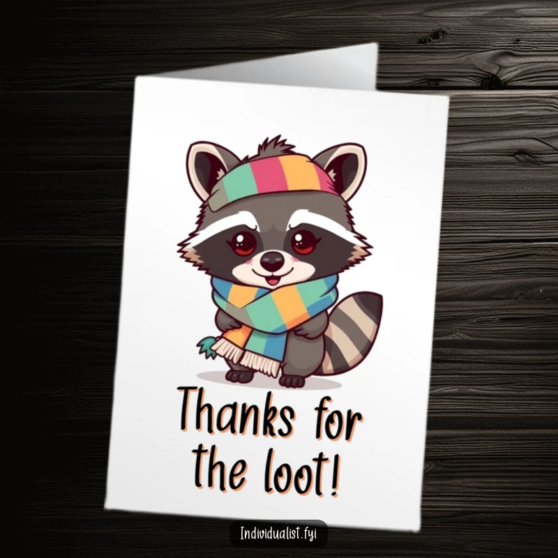 Funny Free Printable Thank You Card: Mischievous raccoon sports a bold, multi-colored scarf, conveying thanks with attitude.