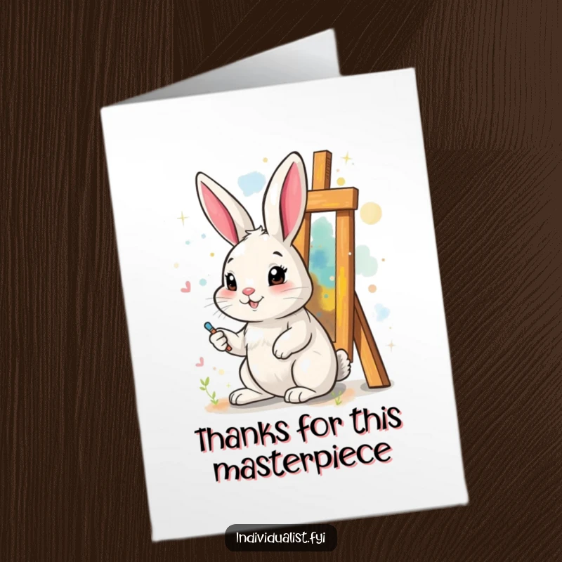 Funny Free Printable Thank You Card: A cheerful rabbit artistically painting a surreal, abstract piece, expressing unique gratitude.
