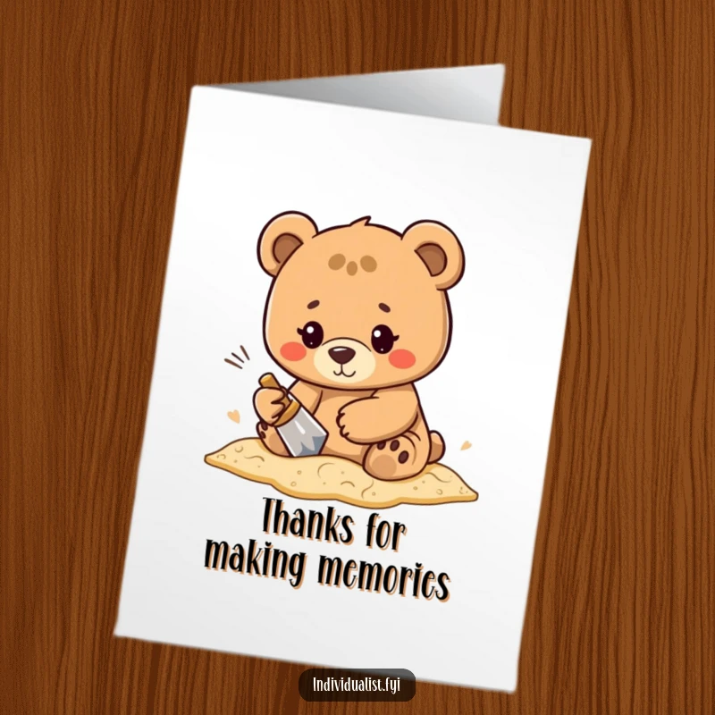 Funny Free Printable Thank You Card: Determined bear pausing from creating a unique sand pattern to offer a sincere thank you.