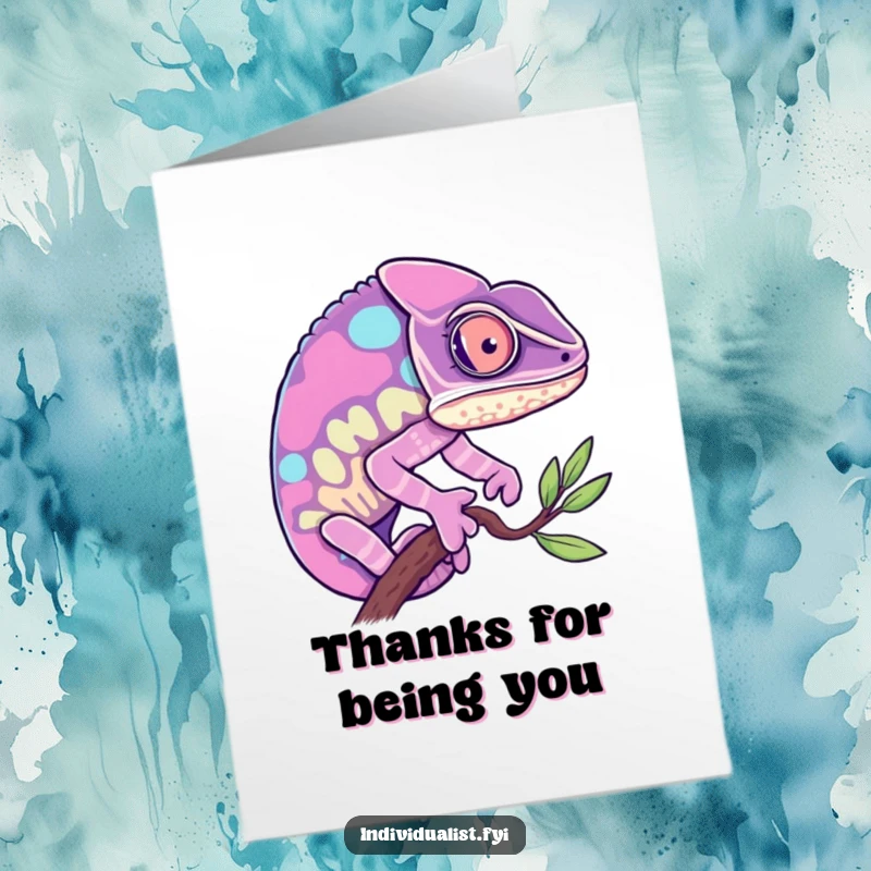 Funny Free Printable Thank You Card: A chameleon shifts its pattern to a single, vivid color, expressing thanks with style.