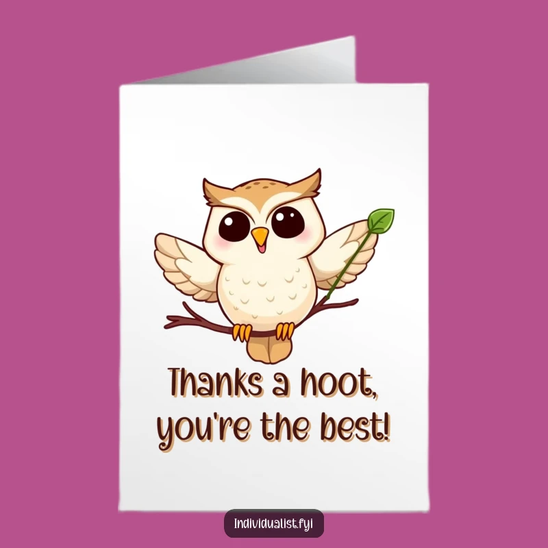 Free Printable Thank You Card: Funny Owl Spreading Gratitude with a Leaf!