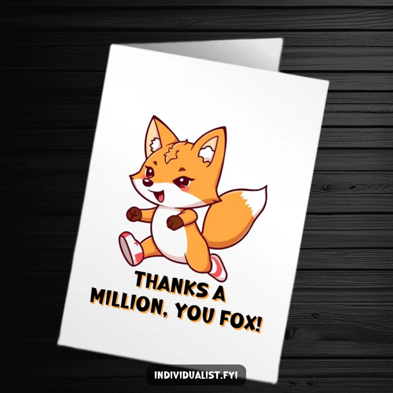 Funny free printable thank you card with a determined kawaii fox wearing mismatched socks, leaping with flair and gratitude.