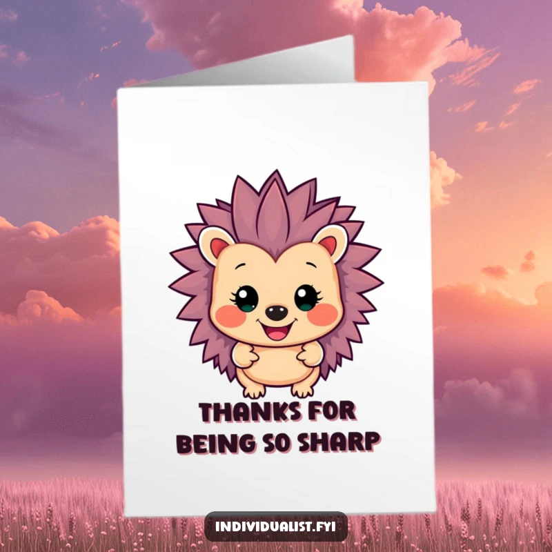 Funny Free Printable Thank You Card: Smiling hedgehog with electric-colored spikes offering a warm, vibrant thank you.
