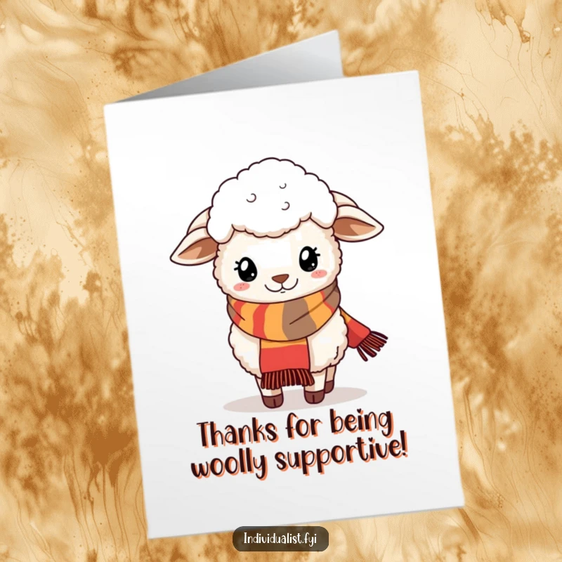 Funny Free Printable Thank You Card: A fluffy sheep wearing a quirky, fashionable scarf, expressing thanks with flair.